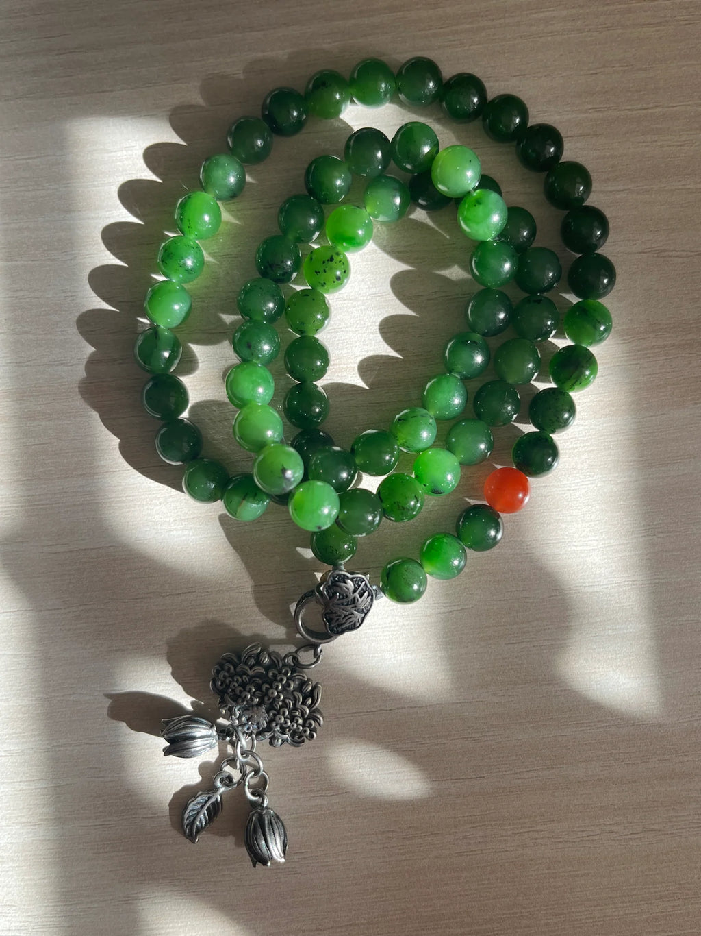 “Imperial Moss” – 8mm Green Hetian Jade Long Necklace | 和田老矿碧玉长链 - flat lay display by L'Orient Haus