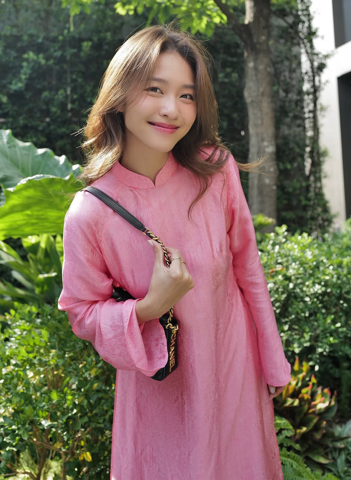 Vietnamese Ao Dai - Dao Cuc Ao Dai Set - Premium Natural Silk in Light Pink - front view in pink by Lalin