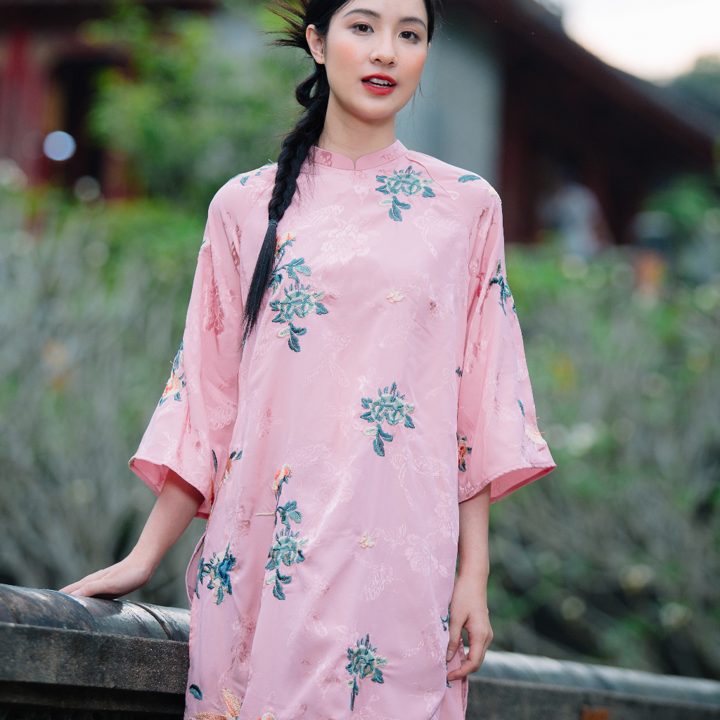 Vietnamese Ao Dai - Chau Hoa Ao Dai set - Embroidered Flowers on viscose - front view in silk in pink by Moc