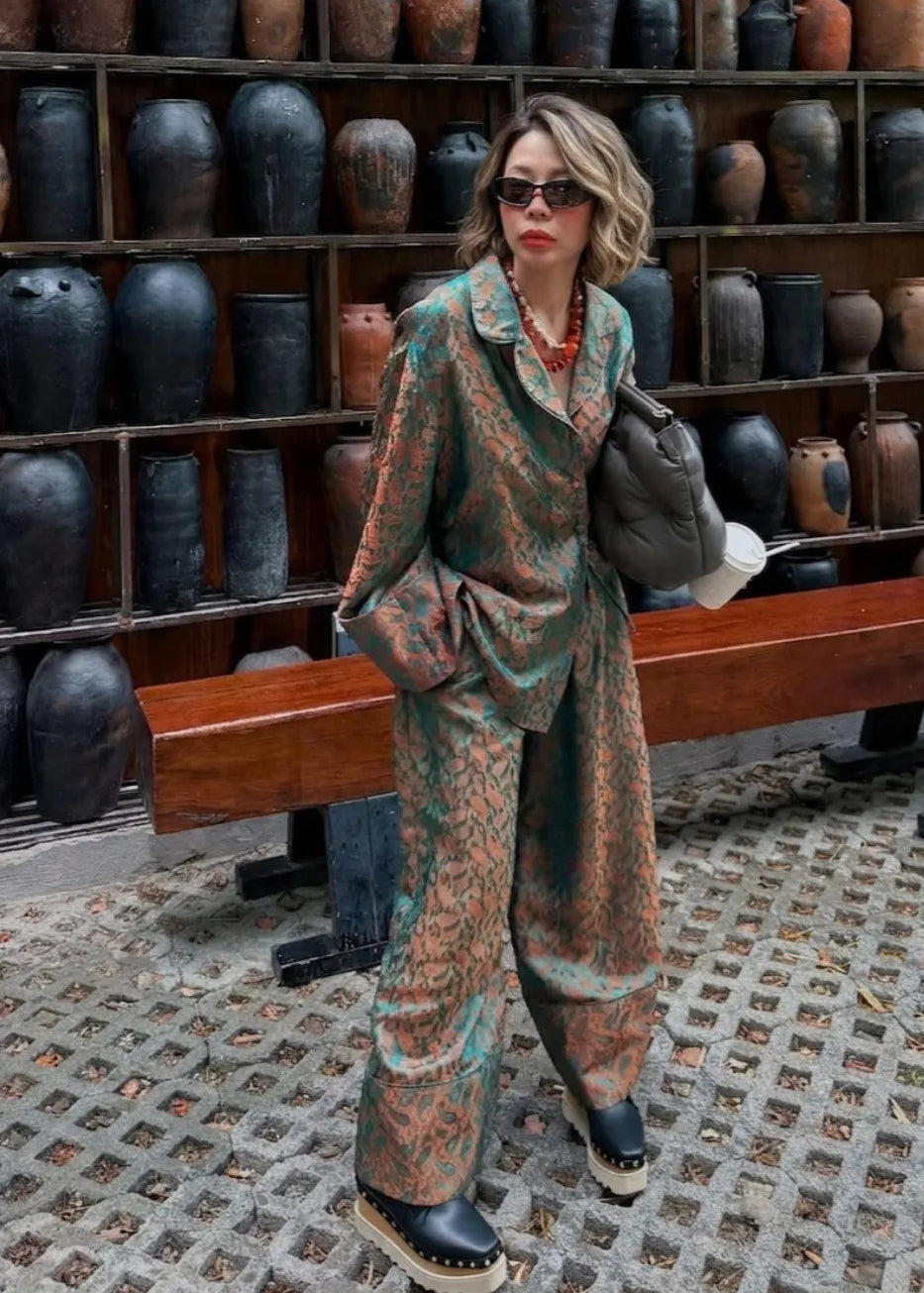 “Nomad Silk” Suit Pajamas – Wormsilk in Jade-green/Copper