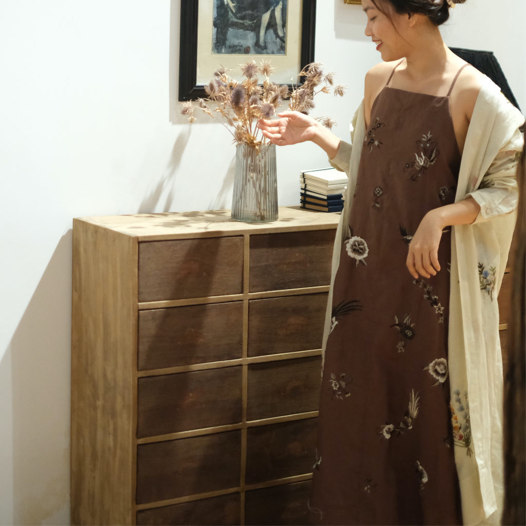 Vietnamese Embroidery - Luna - Silk-thread embroidery on Linen Dress - styled presentation in brown by Huulala