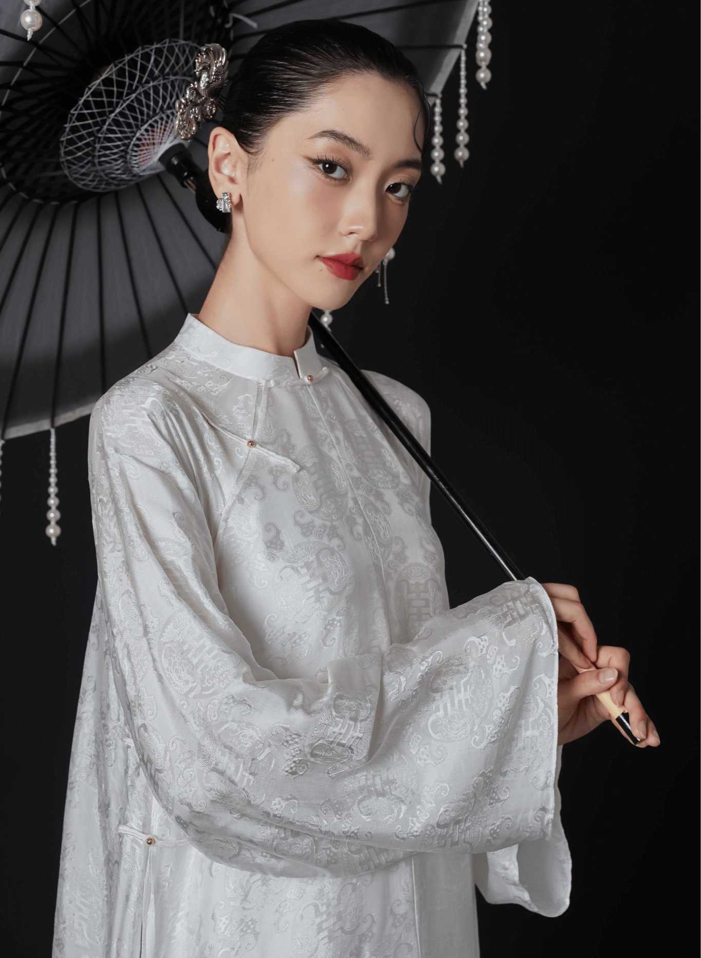 Vietnamese Ao Dai - Hy Loan Ao Dai Set - Premium Natural Silk - front view in white by Lalin