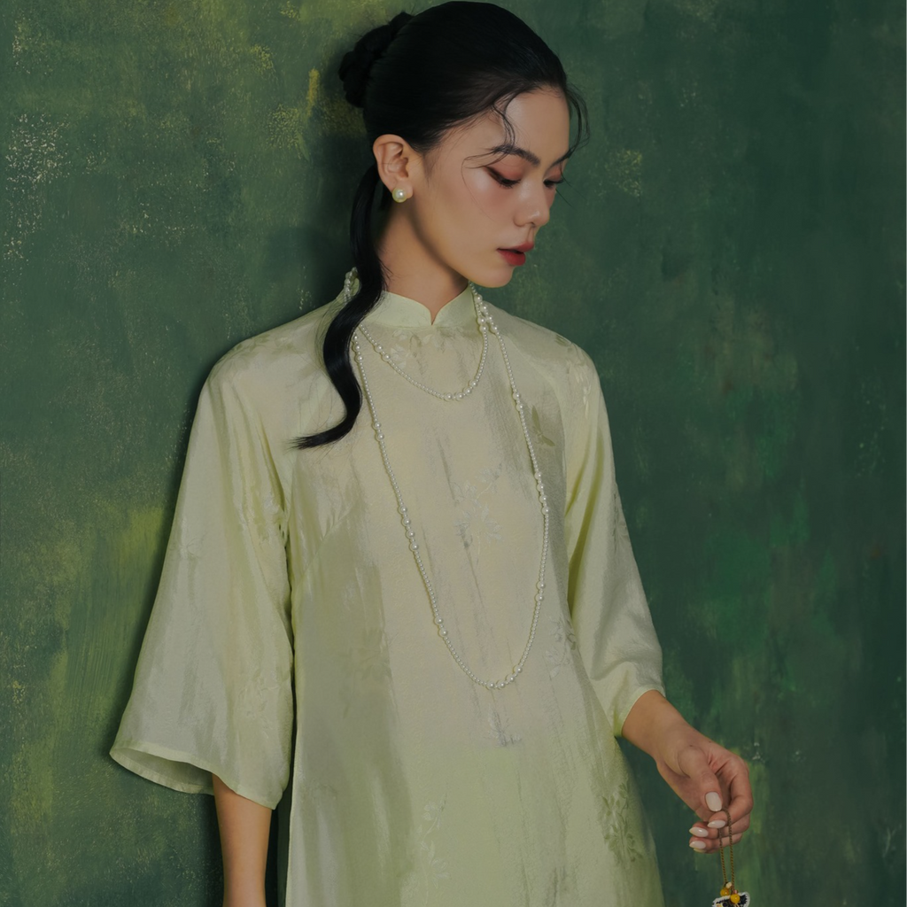 "Lan Ngoc Ao dai Set in light avocado silk, traditional Vietnamese dress by Lalin"