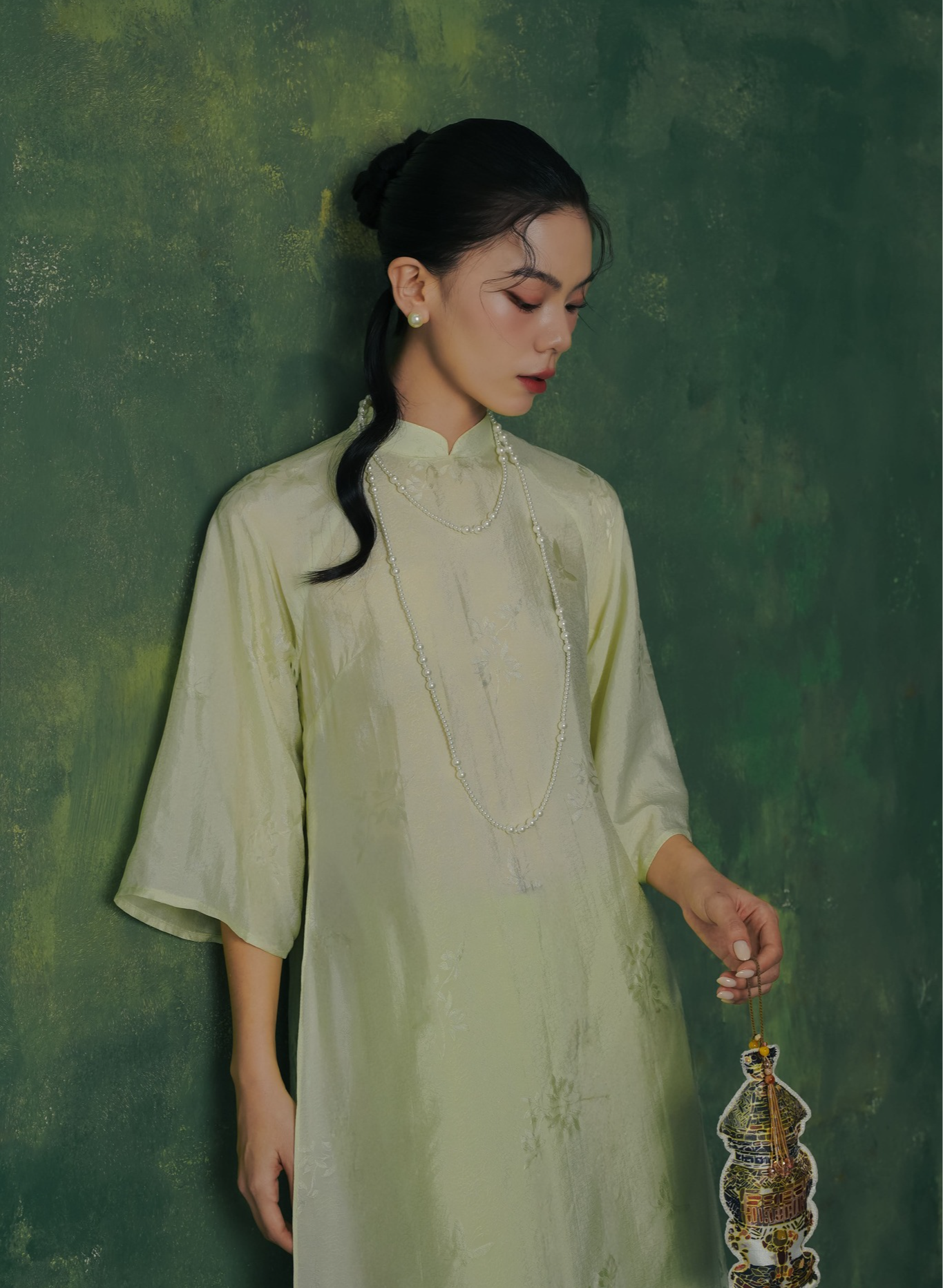 "Lan Ngoc Ao dai Set in light avocado silk, traditional Vietnamese dress by Lalin"