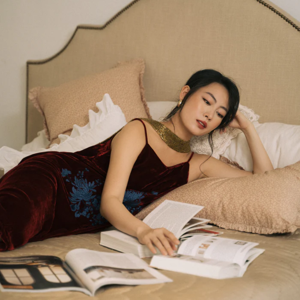 Vietnamese Embroidery - Rumi - Embroidered Suede dress - styled presentation in velvet in red by Huulala