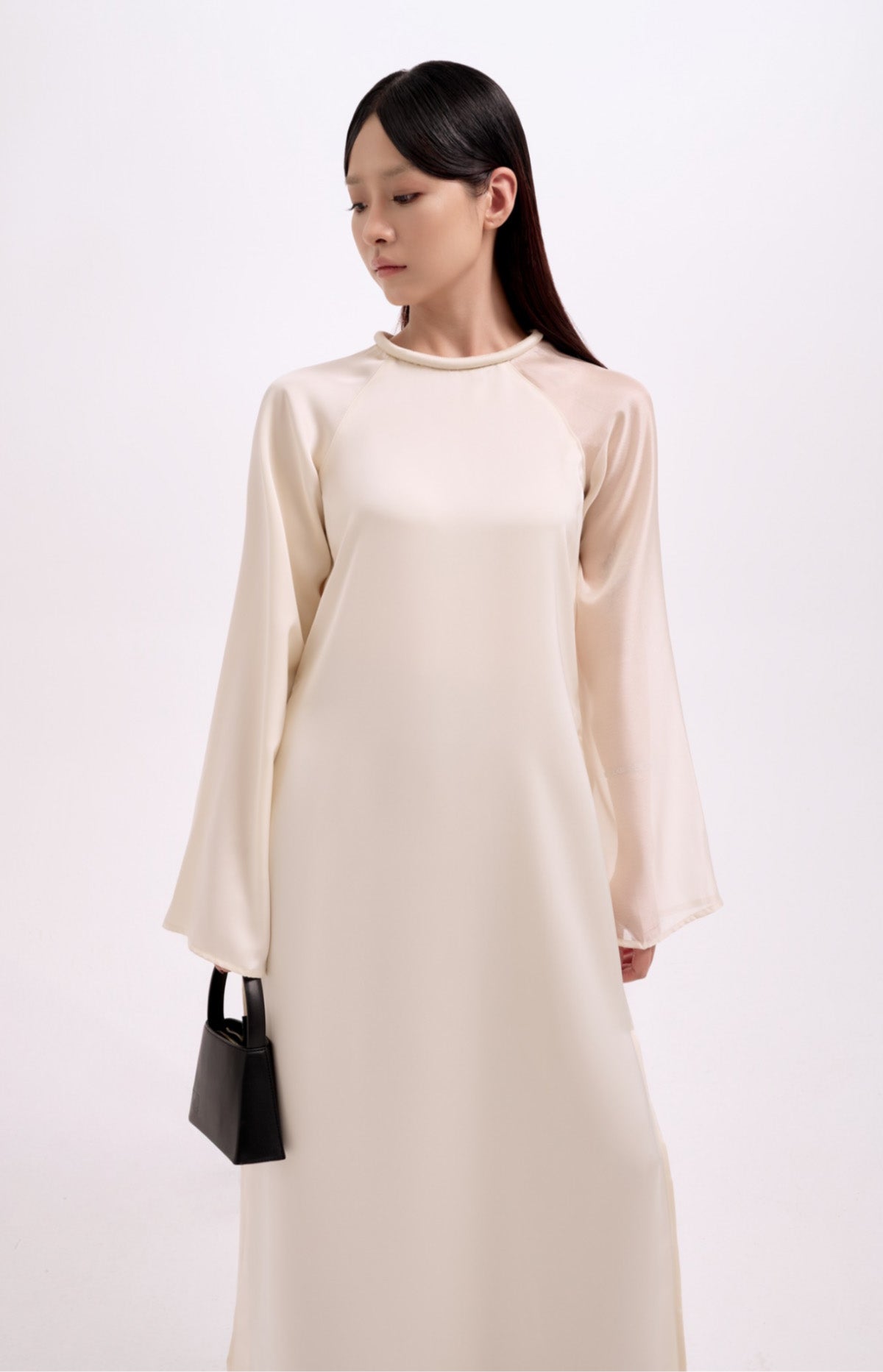 Vietnamese Ao Dai - Tinh Hop - Asymmetric Ao Dai Set in Silk & Oganza - front view in beige by UoM