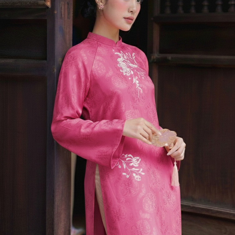 Vietnamese Ao Dai - Nha Chi Ao-Dai Set - Embroidered Wormsilk Áo Dài in Rose Pink - front view in pink by Tam