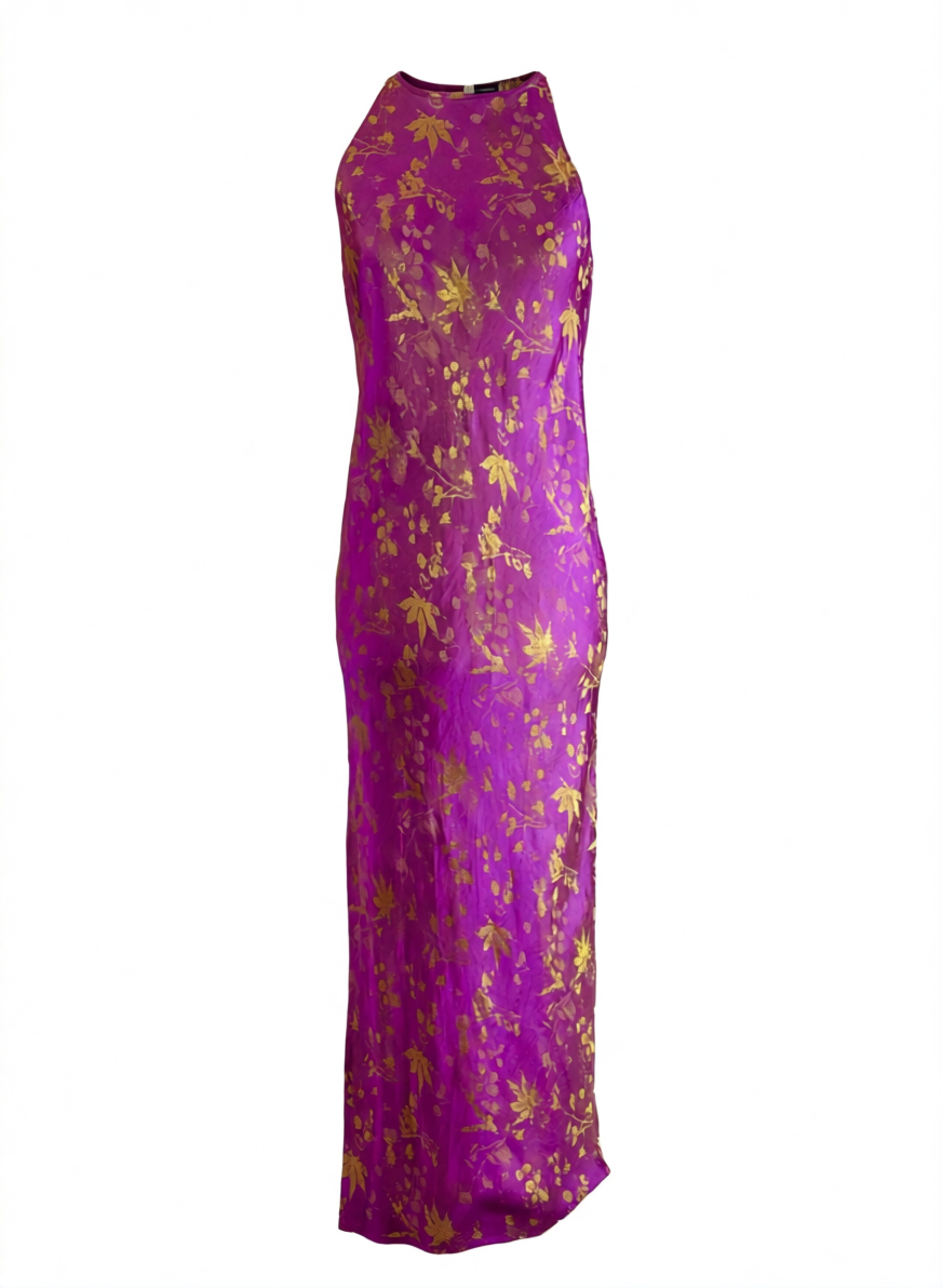 Silk Pattern - Radiance in Silk Slip Dress – Fuchsia Gold - side profile in purple by Lo Boutique