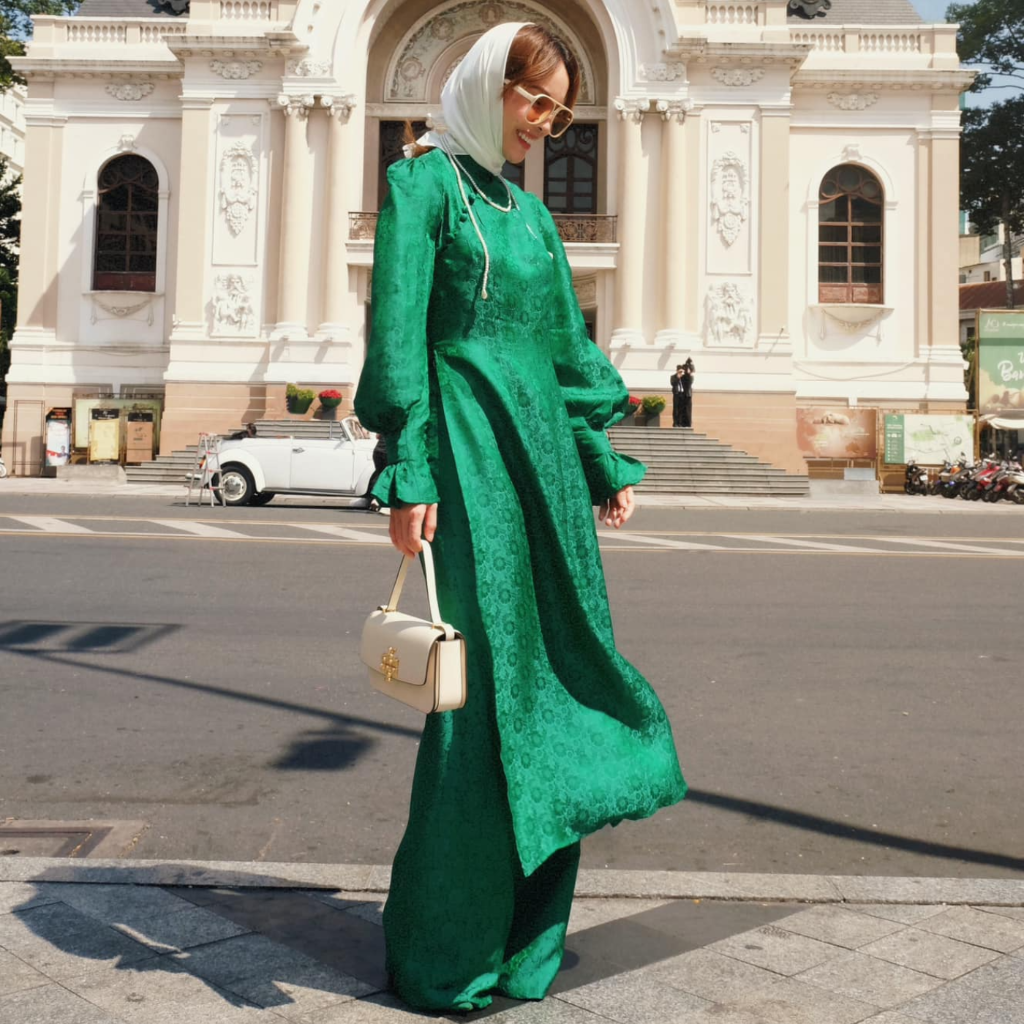 Vietnamese Ao Dai - Tang Bong Ao Dai Set - Premium Wormsilk in Green with Puff Sleeve - side profile in green by SY Design