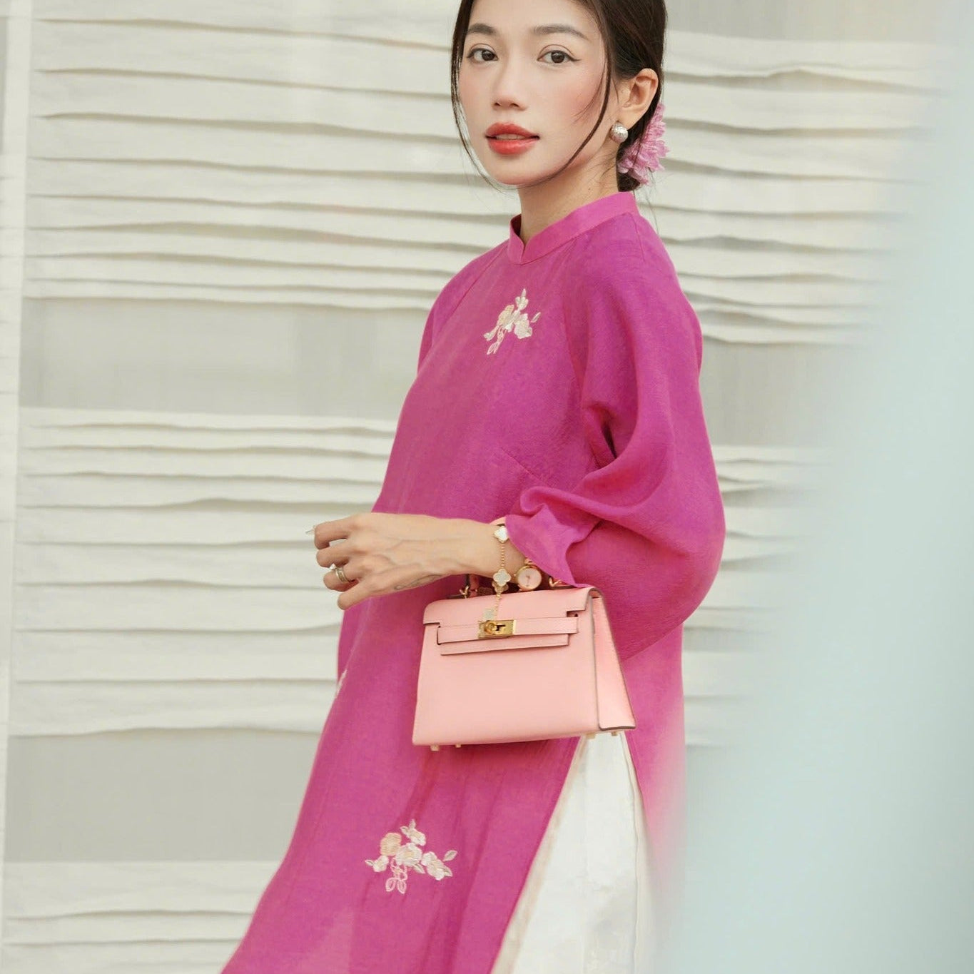 Vietnamese Ao Dai - Kha Ai Ao Dai Set - Chiffon in Pink [Modern cut] - side profile in silk in pink by Moc