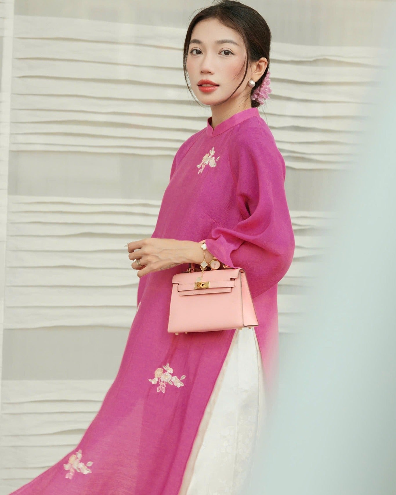 "Kha Ai Ao Dai Set - Pink chiffon Vietnamese dress with floral silk embroidery"