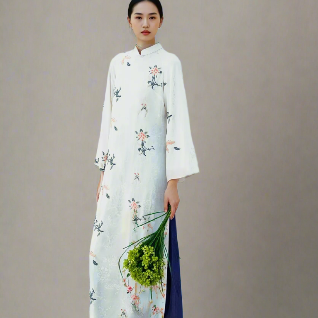 Vietnamese Ao Dai - Chau Hoa Ao Dai set - Embroidered Flowers on viscose - front view in silk in white by Moc