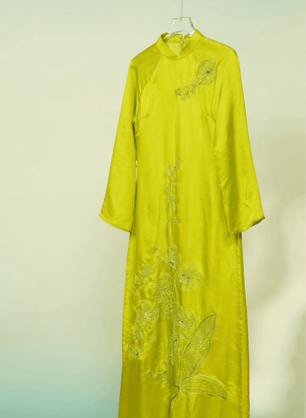 "Uyen Lan Embellished Ao Dai Set in Neon Green Silk with Floral Pattern, Traditional Vietnamese Dress by Lalin"