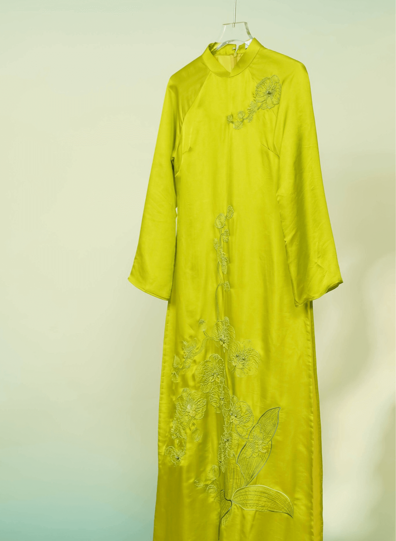 "Uyen Lan Embellished Ao Dai Set in Neon Green Silk with Floral Pattern, Traditional Vietnamese Dress by Lalin"