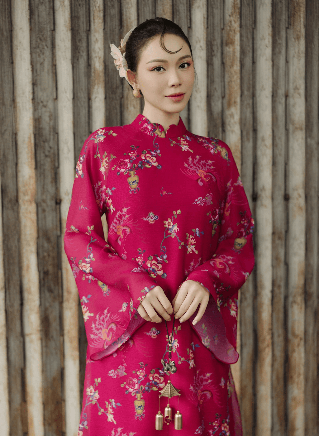 "Giang Chi Ao dai in magenta silk, floral pattern, traditional Vietnamese dress by Lalin"