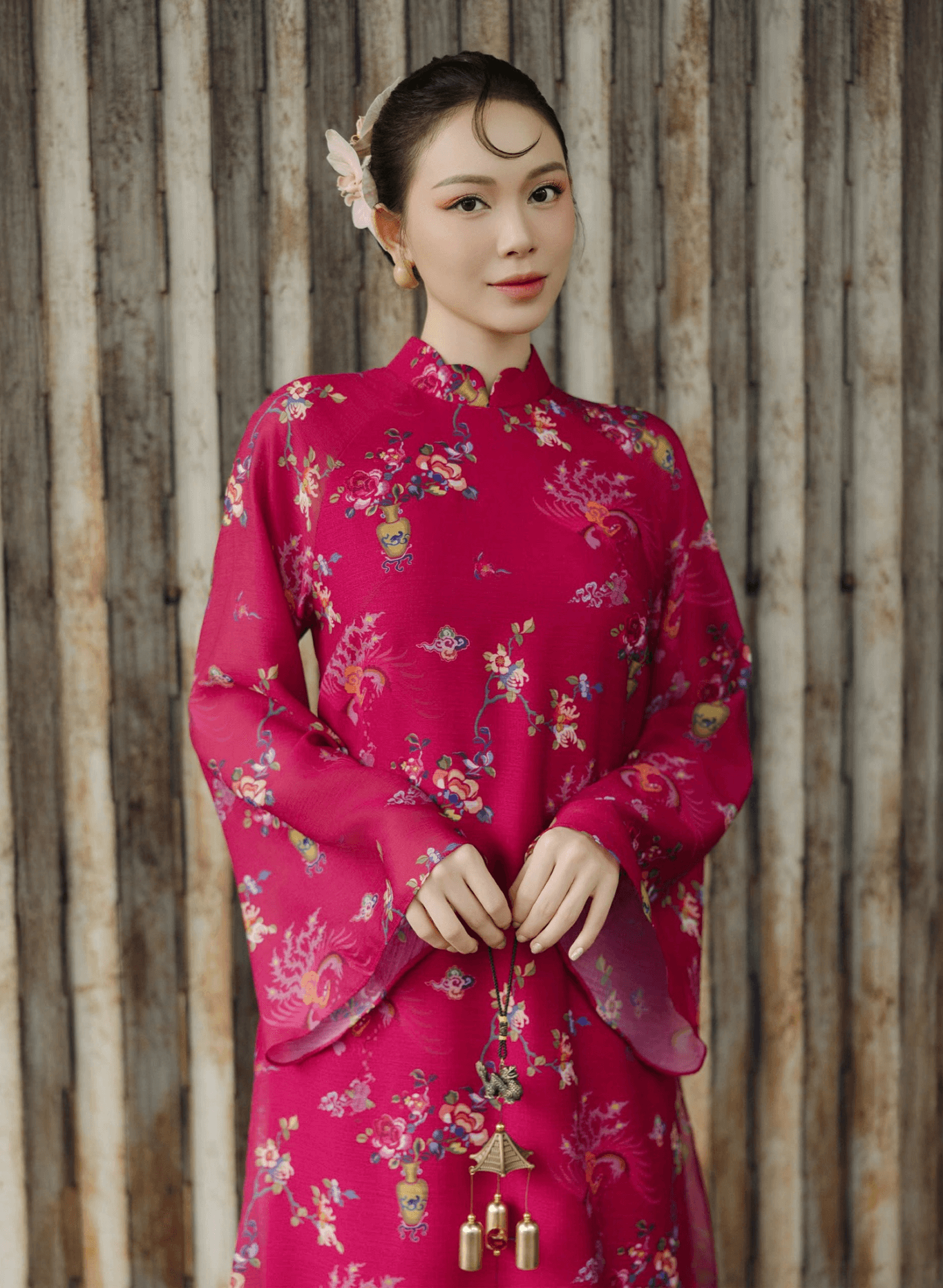 "Giang Chi Ao dai in magenta silk, floral pattern, traditional Vietnamese dress by Lalin"