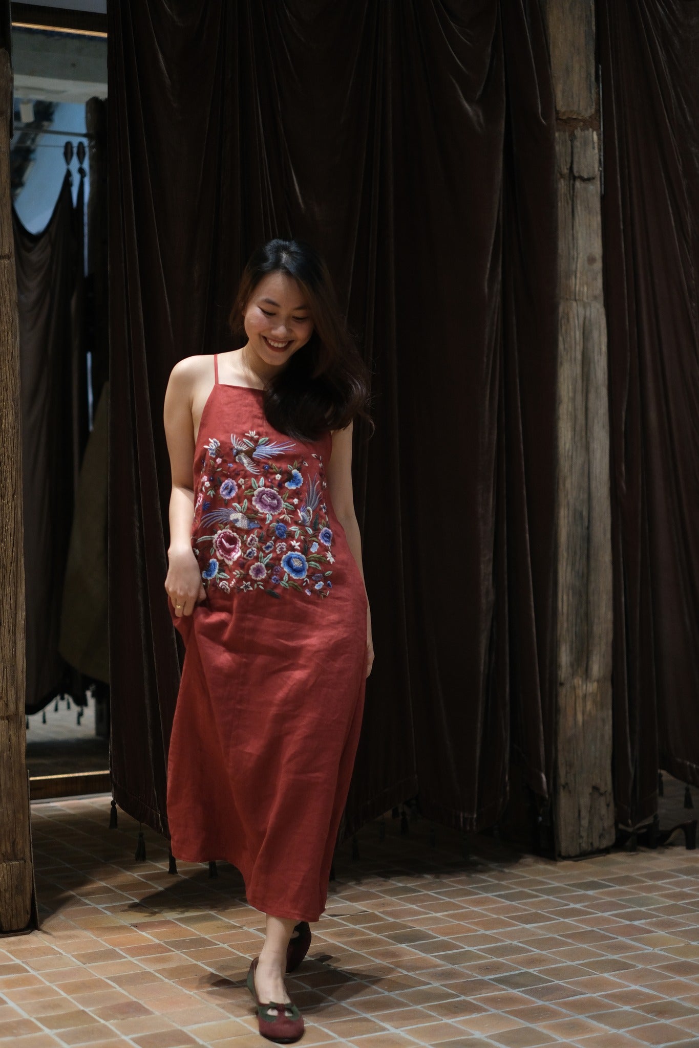 "Phoenix - Embroidered Linen Dress in Maroon by Huulala, featuring artisan floral embroidery, red linen fabric, cultural authenticity."