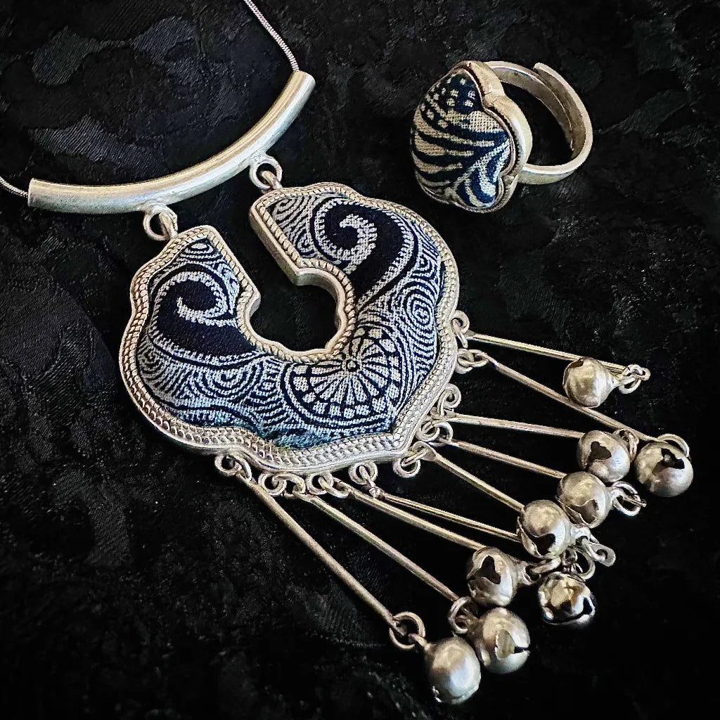 Blessings ethnic print Miao silver necklace pendant with traditional Vietnamese patterns