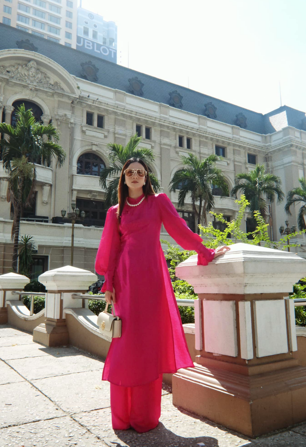 "Tang Bong Ao Dai Set in magenta silk with puff sleeves, traditional Vietnamese dress by SY Design"