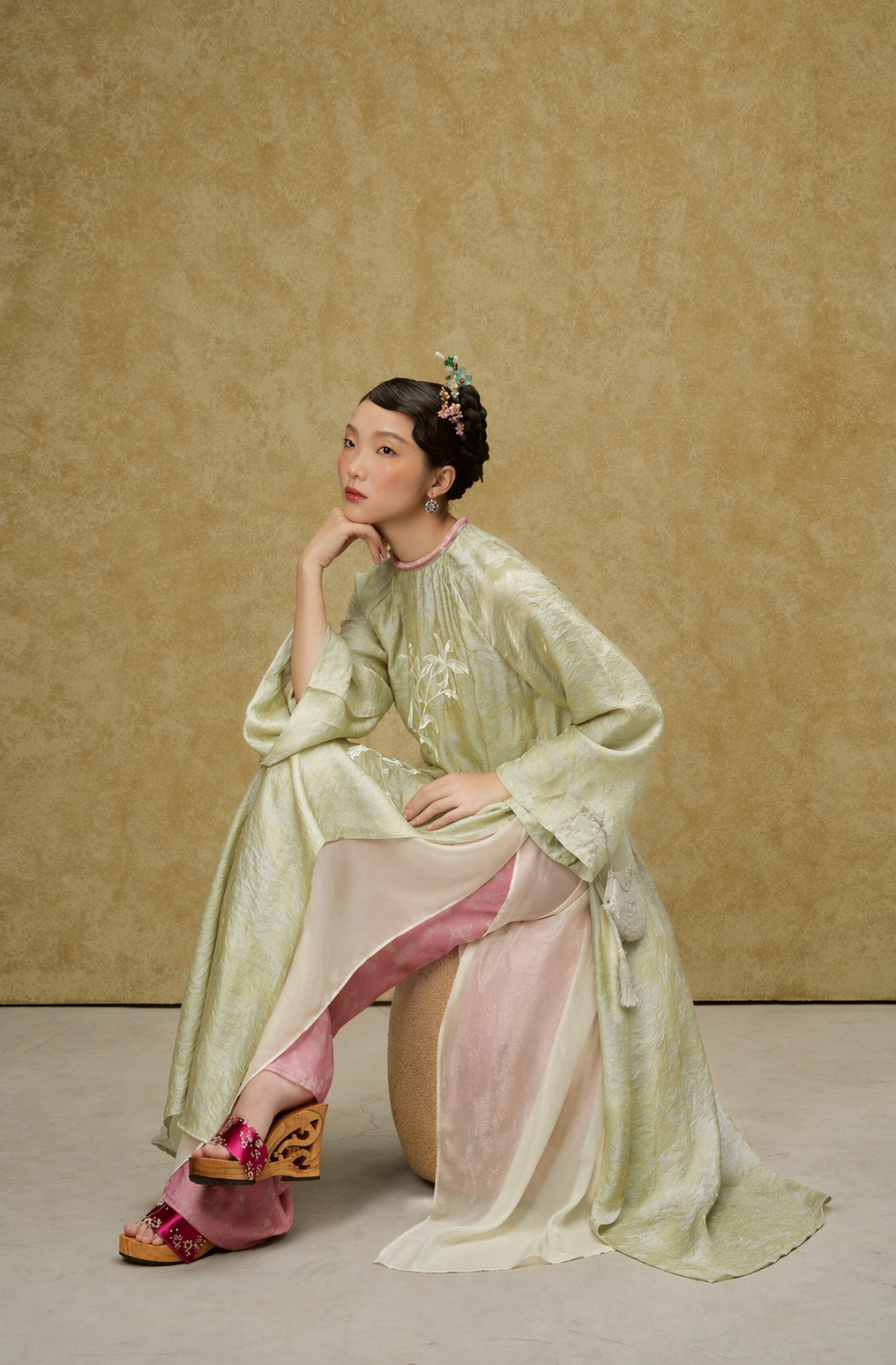 Luu Ly Ao Dai Set - Hangzhou Tencel Silk with Embroidery in Celadon Mist - side profile by SY Design