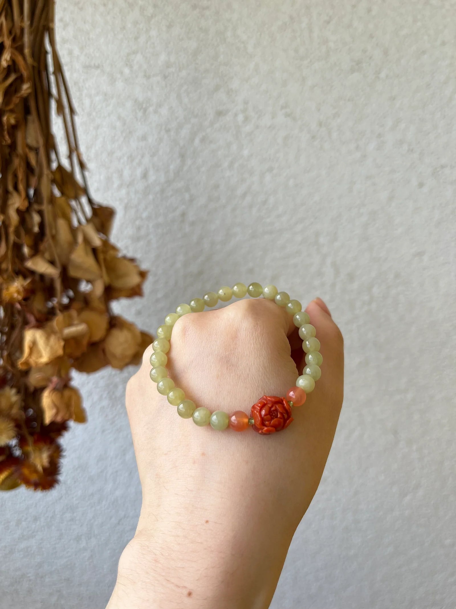 Traditional Motif - “Peony Bloom” – Hetian Jade & Agate Peony Bracelet - worn presentation in green by L'Orient Haus