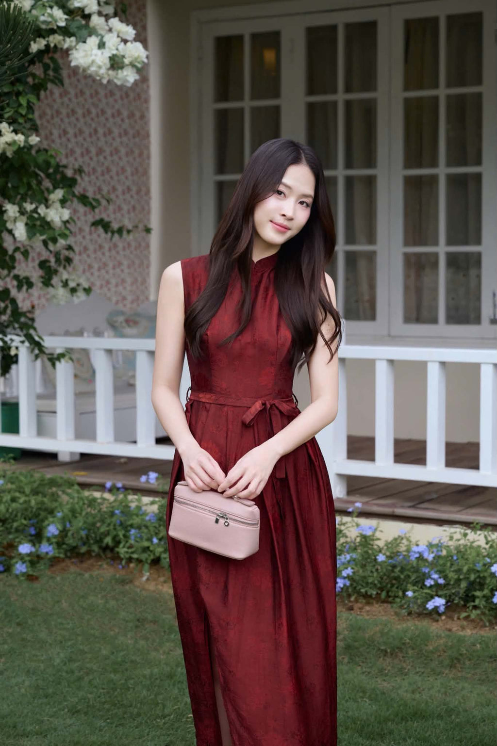 “Celeste” Dress – Lotus Jacquard womsilk Dress in Garnet
