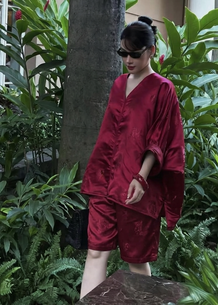 Vietnamese Embroidery - Rita Short Modernized Bà Ba Set - Brocade Silk in Crimson - front view in red by H2B a la Mode