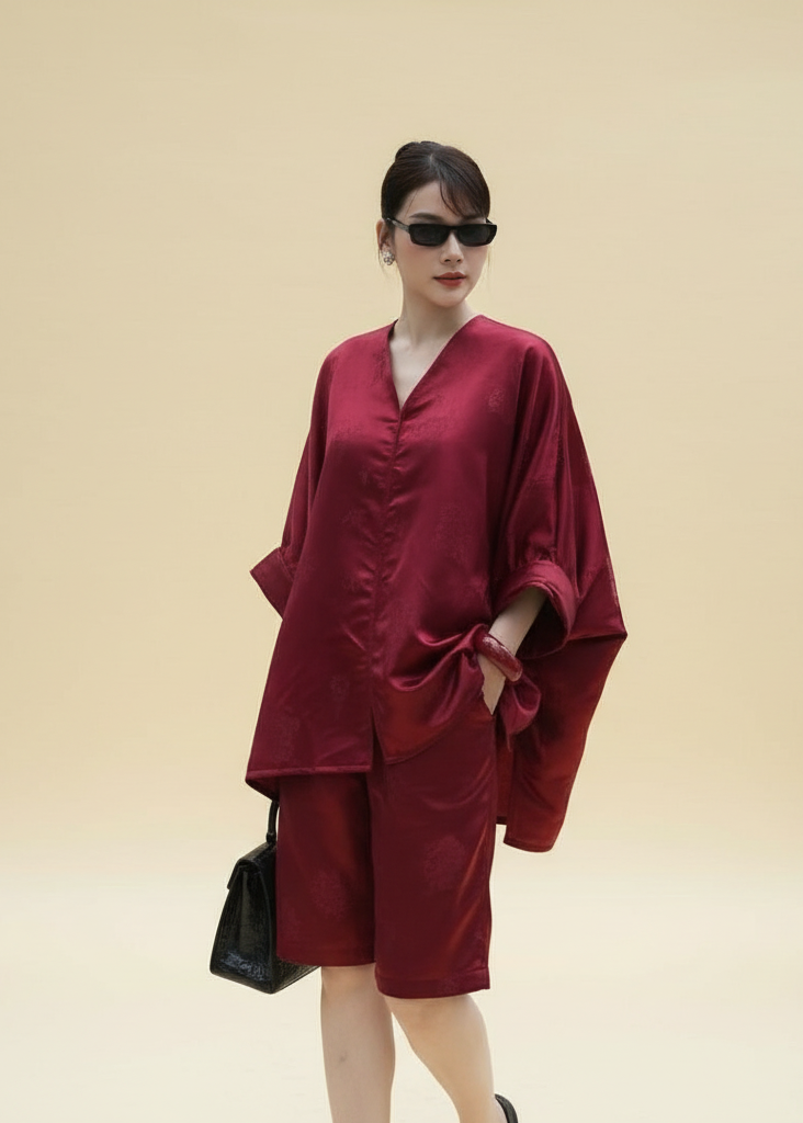 Vietnamese Embroidery - Rita Short Modernized Bà Ba Set - Brocade Silk in Crimson - front view in red by H2B a la Mode