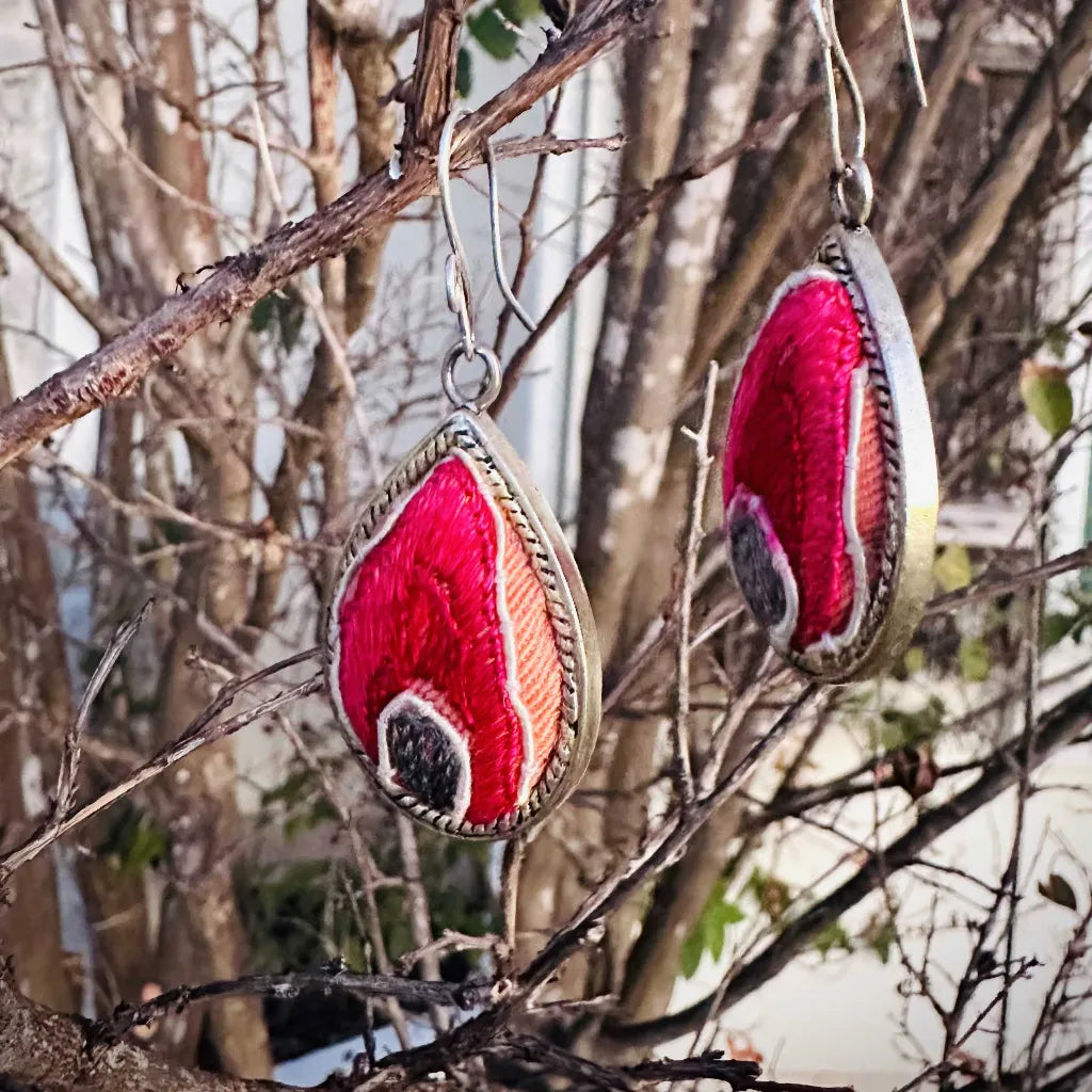 Peacock Dream handcrafted sterling silver earrings with silk embroidery accents