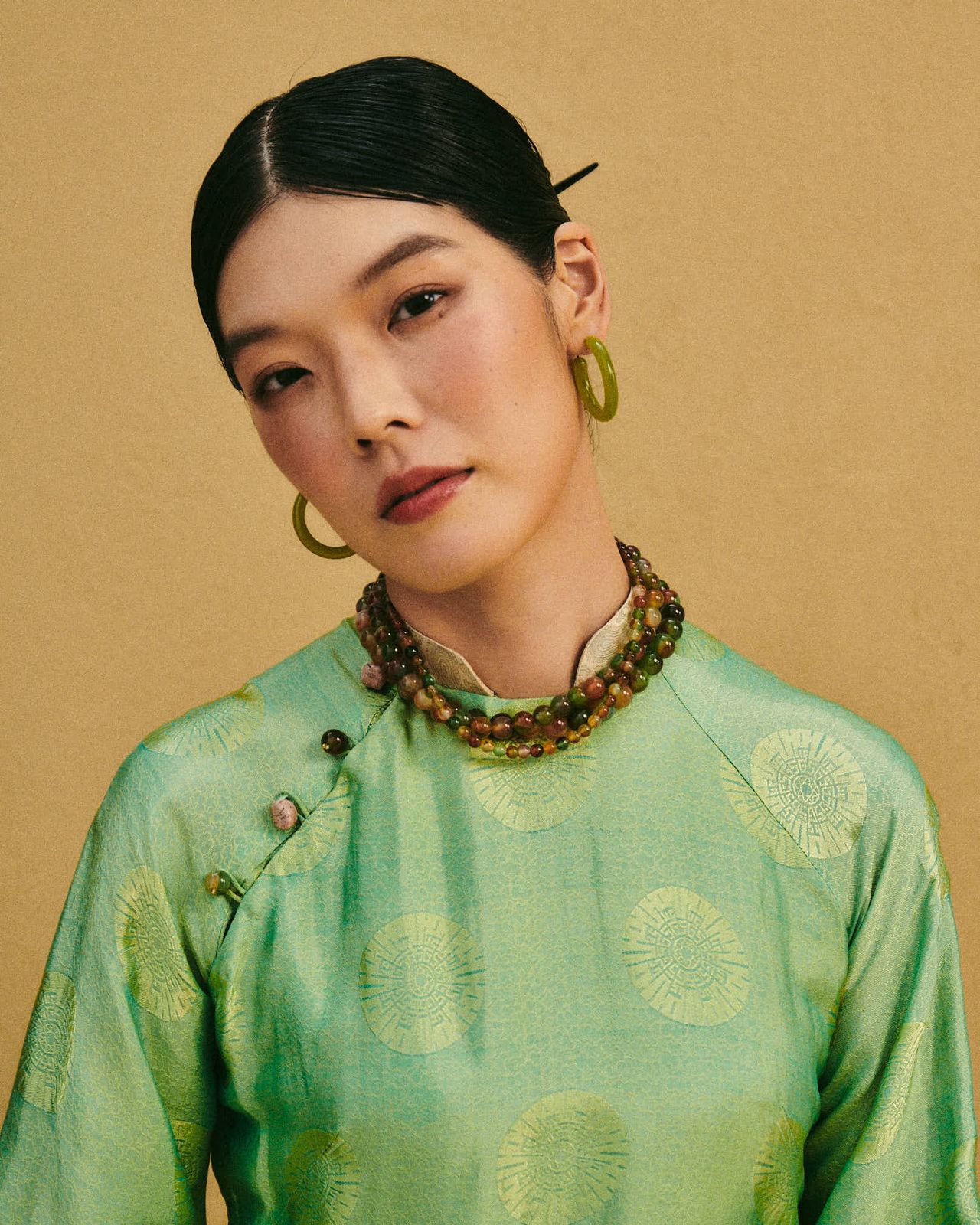 "Verdant Echo" Marble Necklace in Mossy Amber - front view | Vietnamese Luxury Fashion