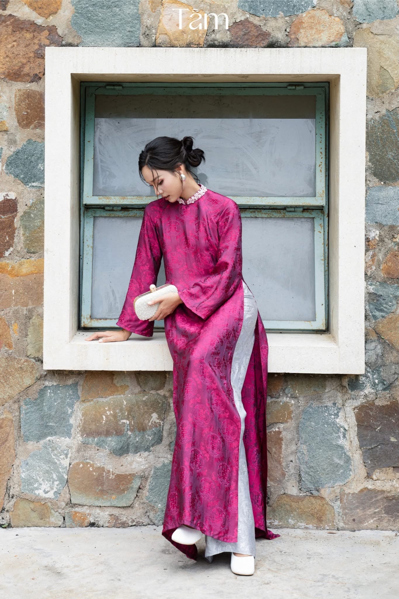 Dao Đài - Wormsilk Modern Ao Dai Set with beaded Collar in Deep Magenta - front view by Tam