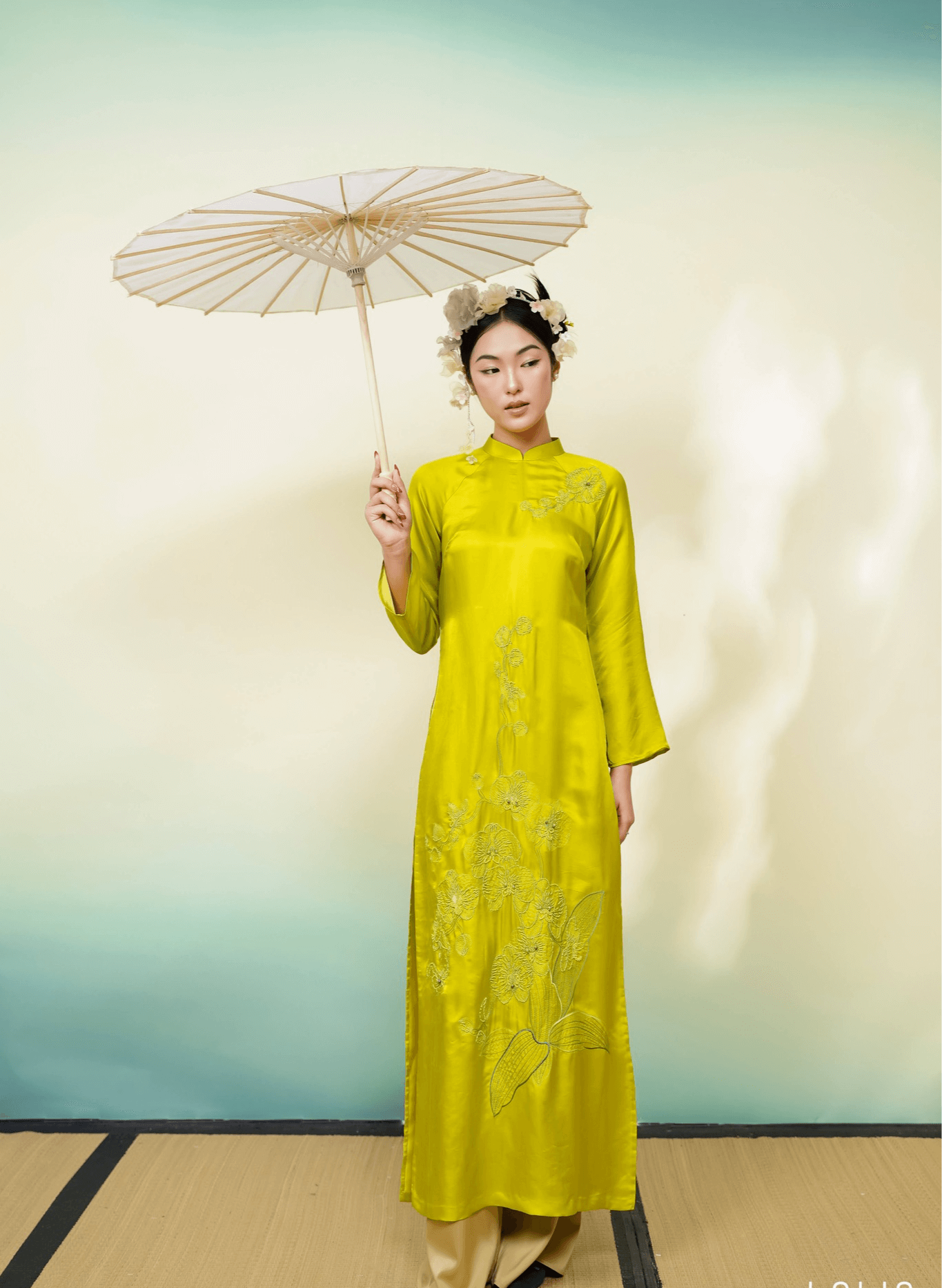 "Uyen Lan Embellished Ao Dai Set in Neon Green silk with floral pattern, traditional Vietnamese dress by Lalin."