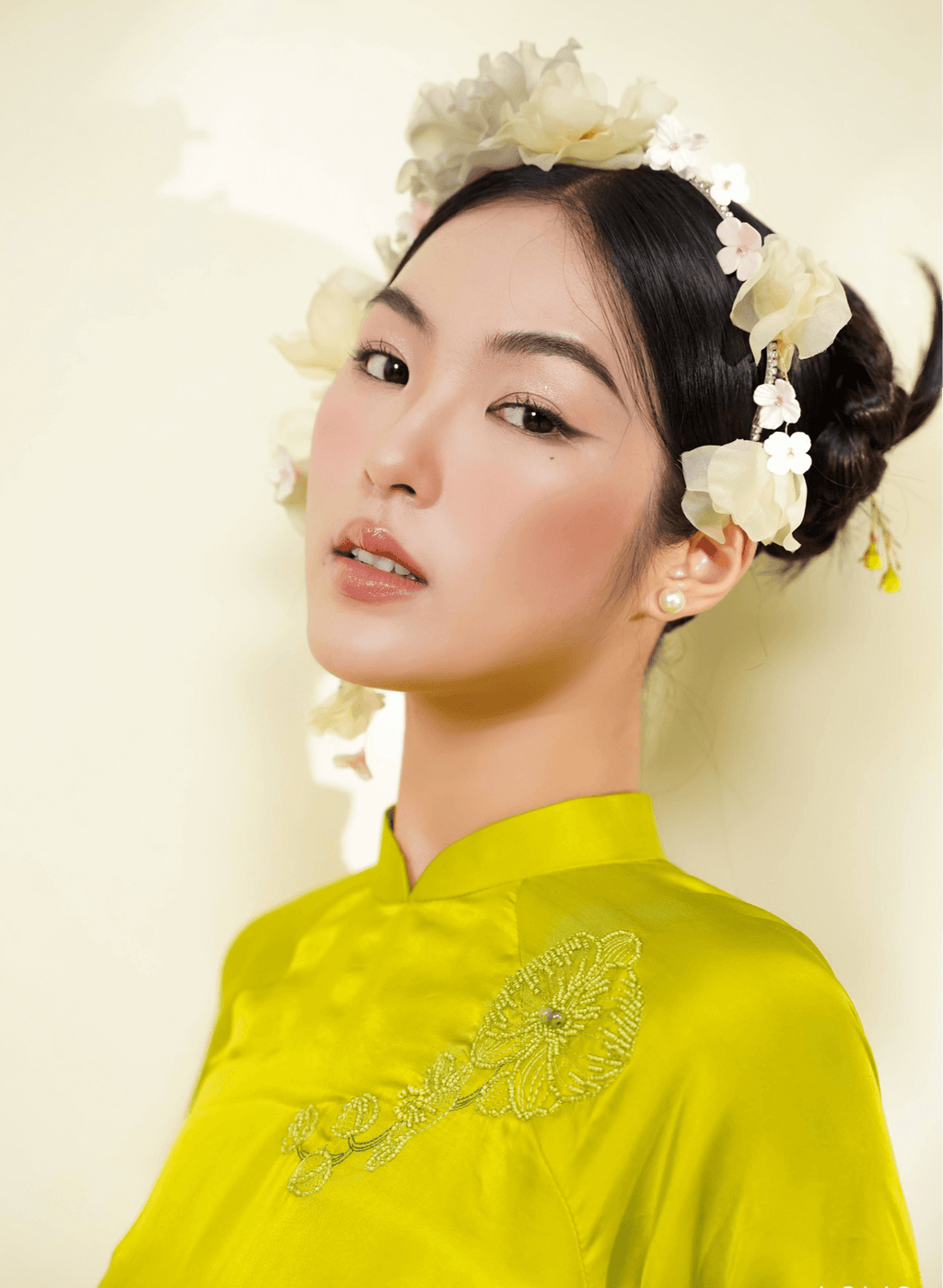 "Uyen Lan Embellished Ao Dai Set in neon green silk with floral embroidery, traditional Vietnamese dress by Lalin."