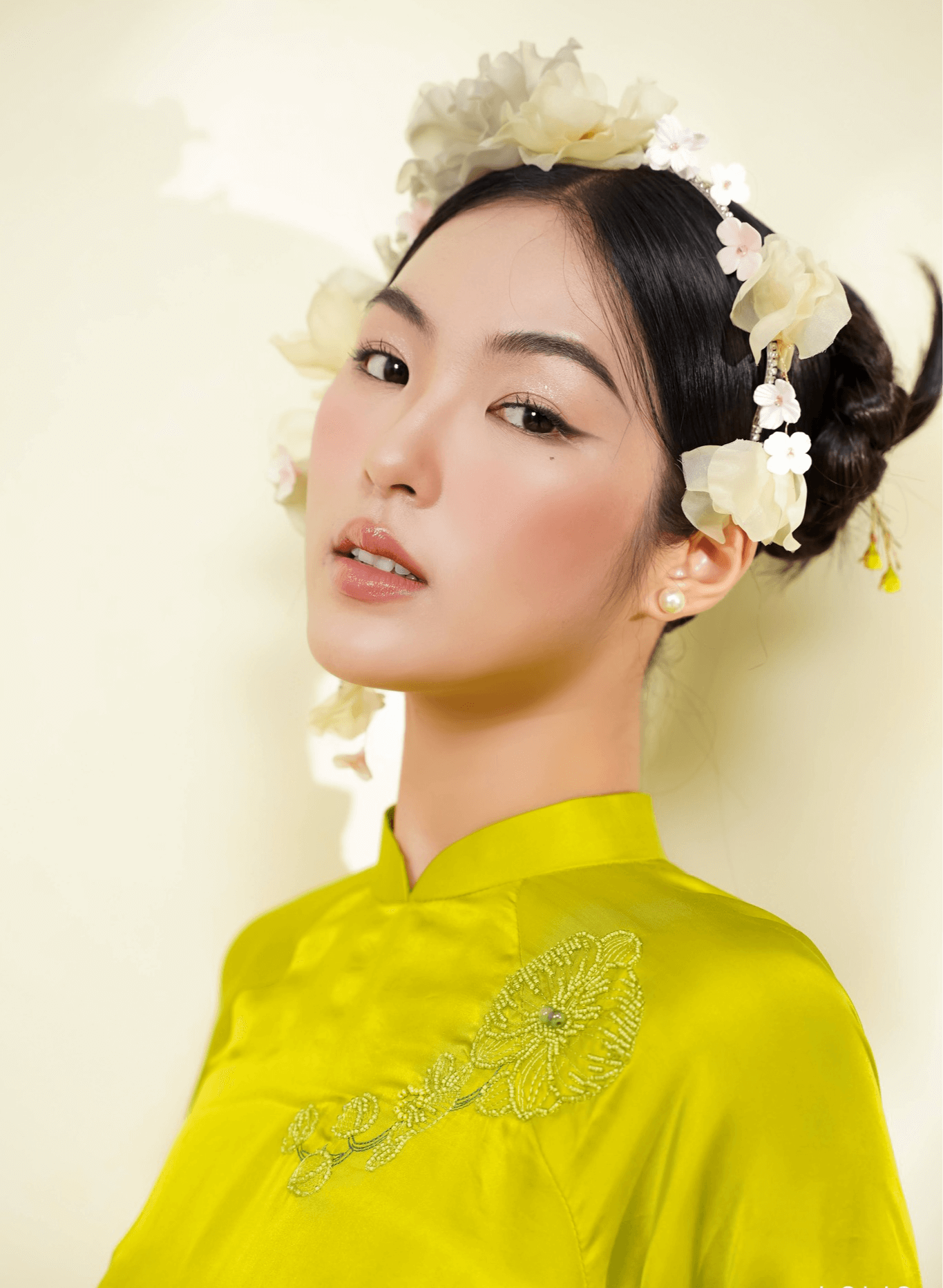 "Uyen Lan Embellished Ao Dai Set in neon green silk with floral embroidery, traditional Vietnamese dress by Lalin."