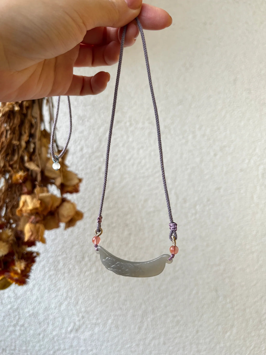 “Lilac Crescent” - Necklace with a Hand Carved Purple Hetian Jade Lotus Flower Huang Arc-shaped Pendant, 和田烟紫荷花小玉璜 - front view