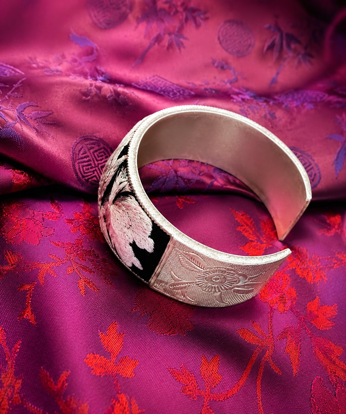 “Peony Moon” – Miao Silver & Hand-Embroidered Bangle