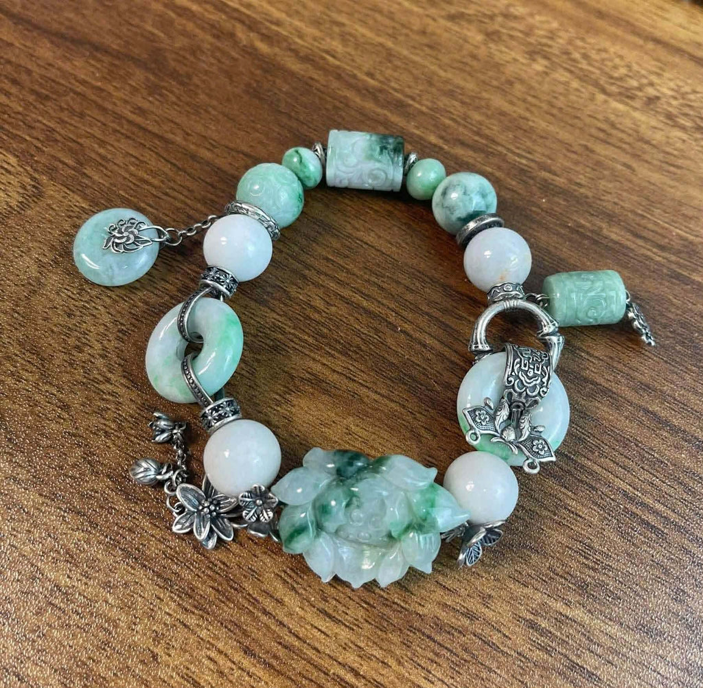 Traditional Motif - “Liên Hoa Thanh Tâm” – Carved Jade Lotus Bracelet - flat lay display in green by HI de Maison