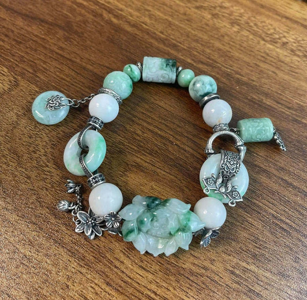 Traditional Motif - “Liên Hoa Thanh Tâm” – Carved Jade Lotus Bracelet - flat lay display in green by HI de Maison