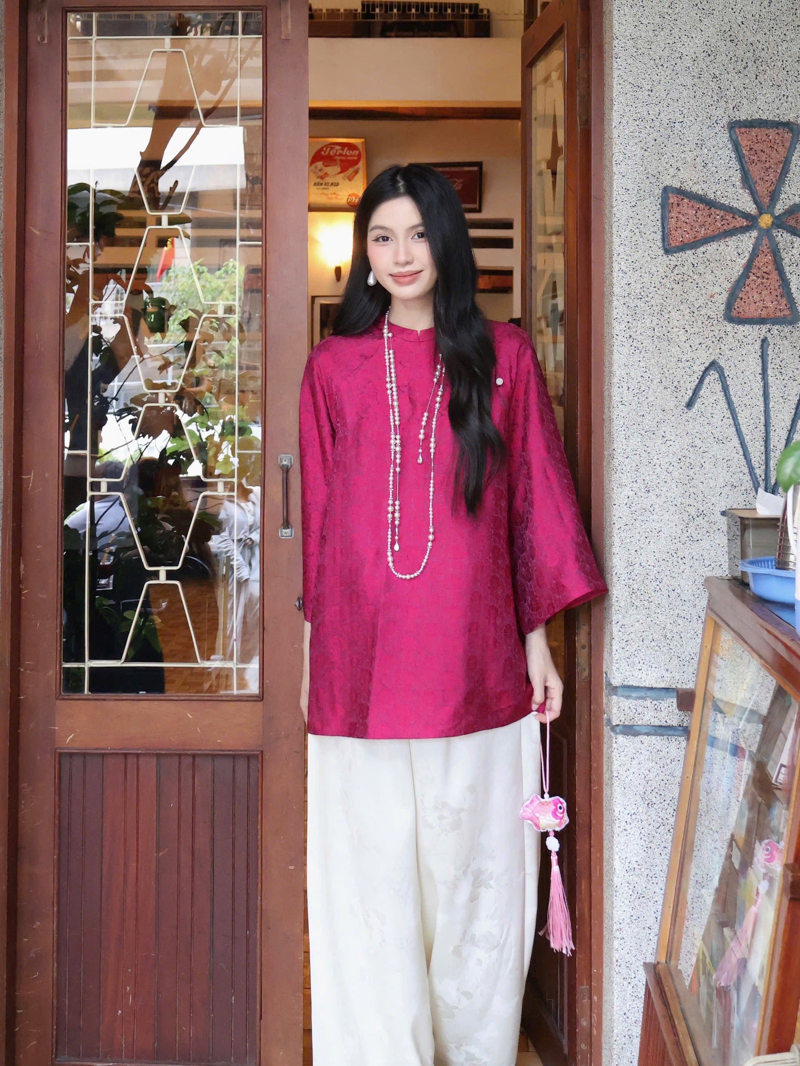 "Tra My" - Mandarin-neck Top - Natural wormsilk in Deep Magenta
