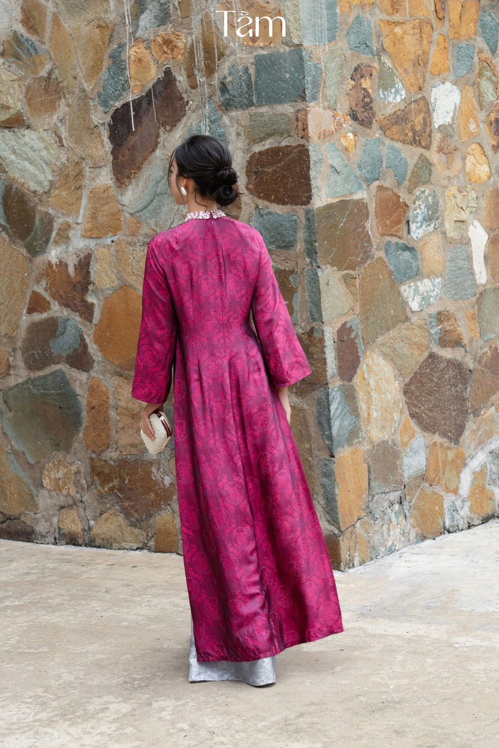 "Dao Đài " - Wormsilk Modern Ao Dai Set with beaded Collar in Deep Magenta