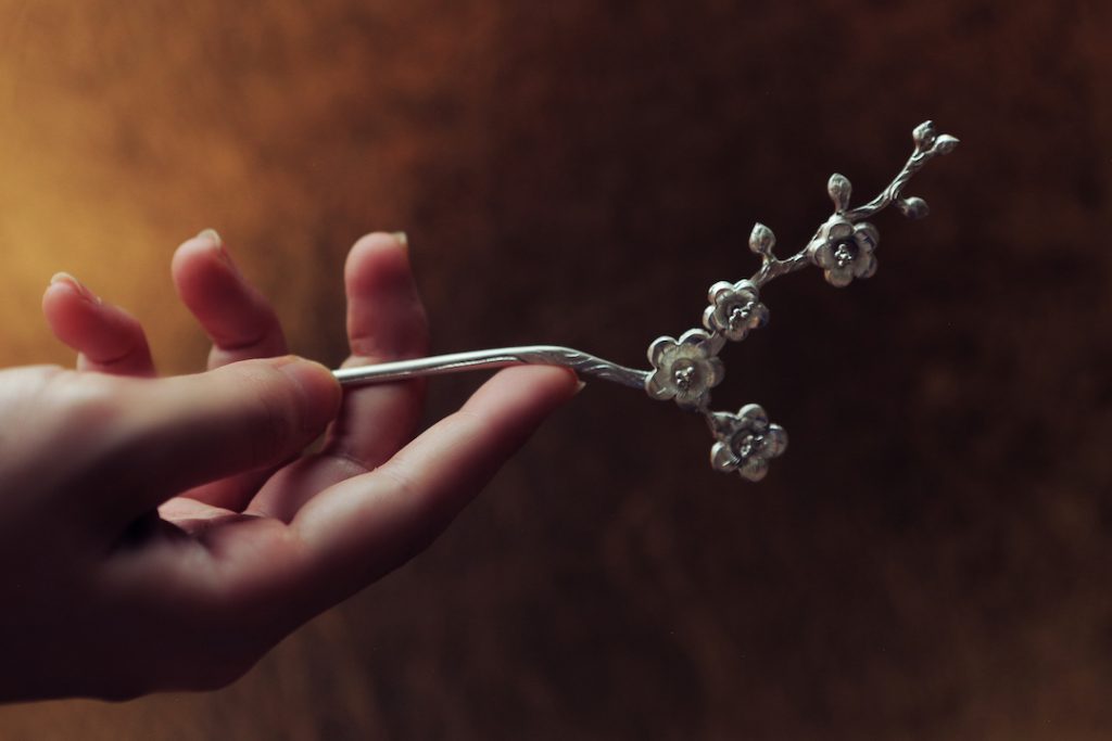 Nhất Chi Mai – Fine Silver Hair Pin with Apricot Blossoms - back view displaying traditional details by HI de Maison at L'Orient Haus