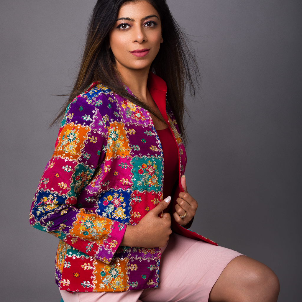 Rangoli - Heritage Celebration Silk Jacket in Festival Bright - side profile by Indian Heritage