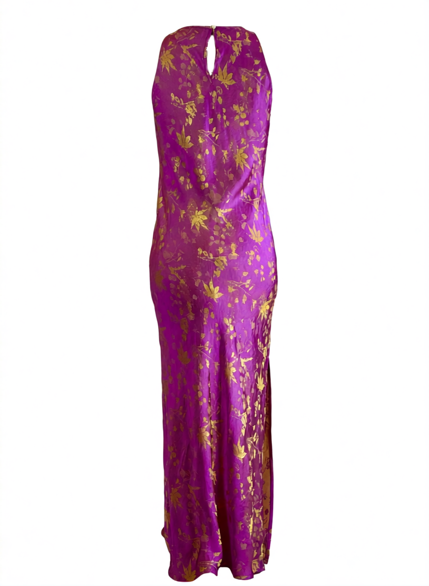 Traditional Motif - Radiance in Silk Slip Dress – Fuchsia Gold - front view in purple by Lo Boutique