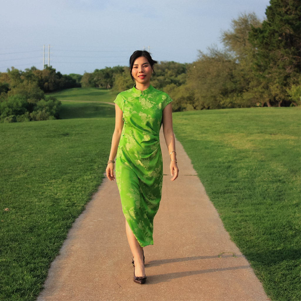 Vietnamese Ao Dai - Hương Trầm - Sleeveless Cheongsam in Green with Jacquard weave - front view in silk in green by Hy Phuong
