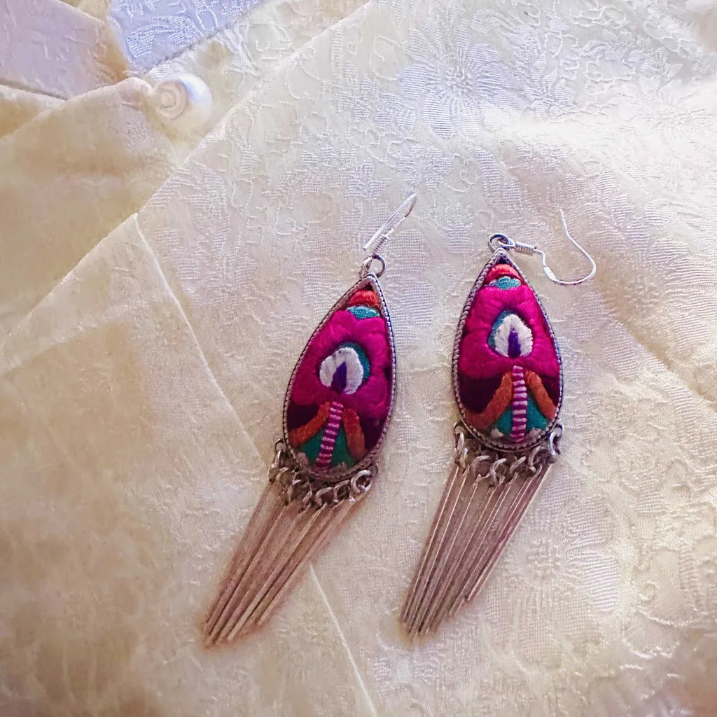 Phoenix Petal handcrafted silk embroidered earrings close-up showing intricate detail