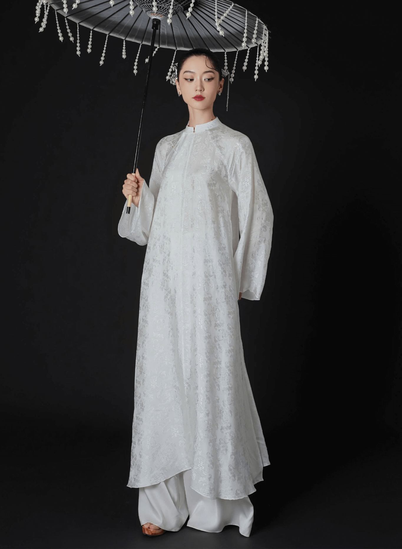 Vietnamese Ao Dai - Hy Loan Ao Dai Set - Premium Natural Silk - front view in white by Lalin