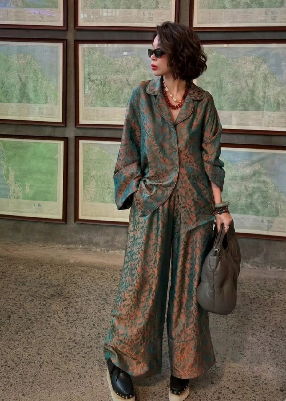 “Nomad Silk” Suit Pajamas – Wormsilk in Jade-green/Copper