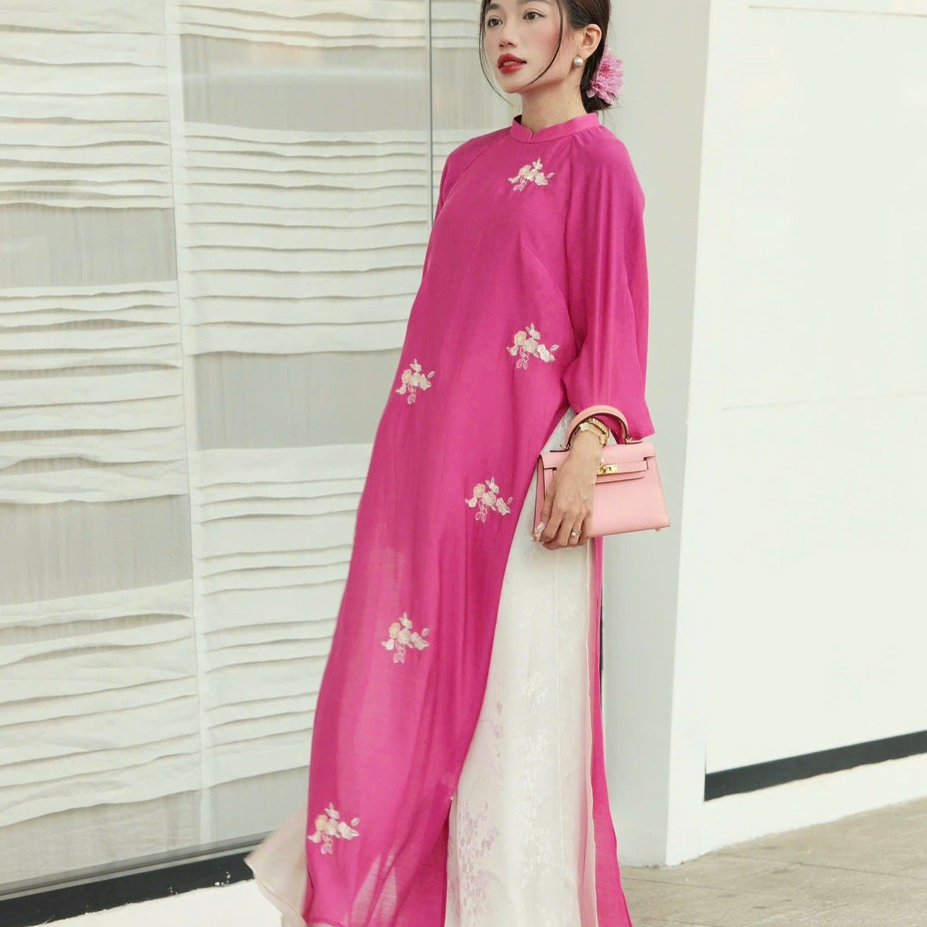 Vietnamese Ao Dai - Kha Ai Ao Dai Set - Chiffon in Pink [Modern cut] - side profile in silk in pink by Moc