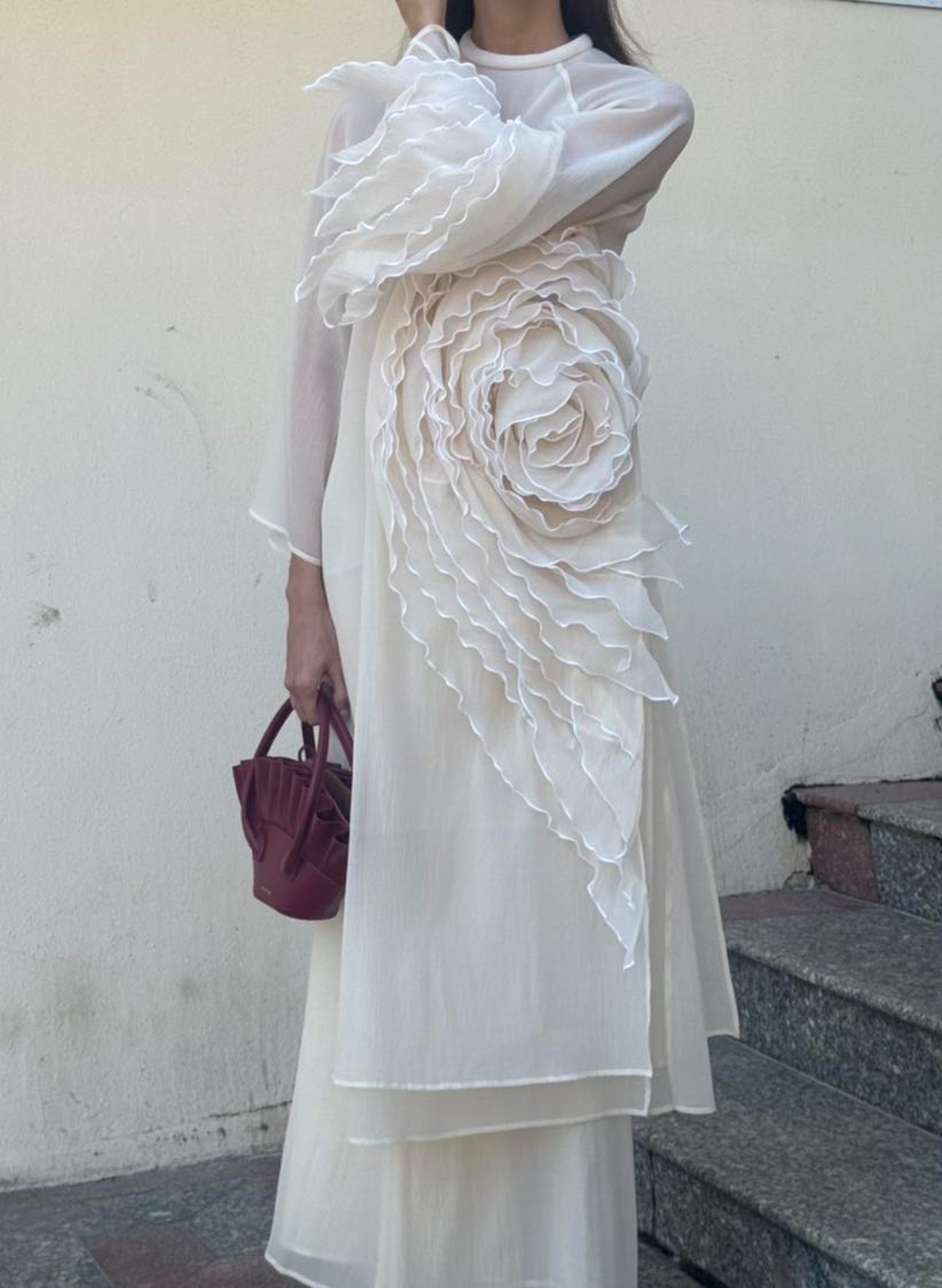 "Golden Splendor" Ao Dai by Das Levine in red and gold silk, modern floral pattern, traditional Vietnamese dress.