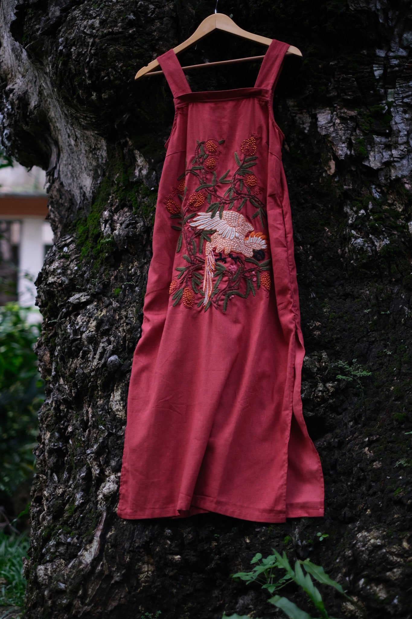 Vietnamese Embroidery - “Scarlet Canopy” Embroidered Linen Dress - front view in silk in red by Huulala
